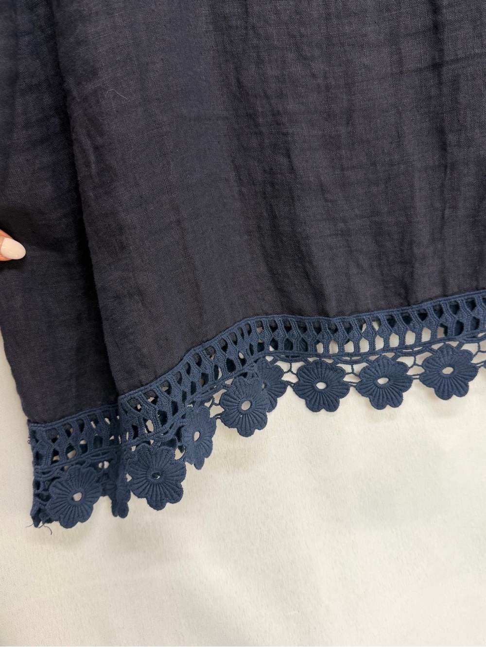 Bellambra Made in Italy Linen Dress Navy Short Sleeve Tunic Crochet Hem 2X - Picture 5 of 8